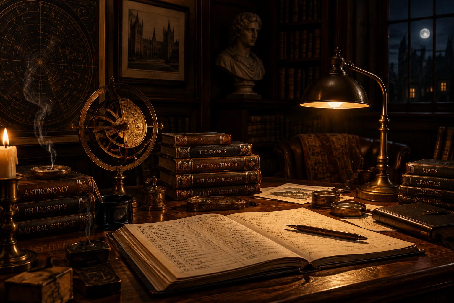 A lamplit study with ledgers and antique instruments